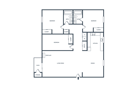 Floor plan for 3 beds, 2 baths, 1180 sqft